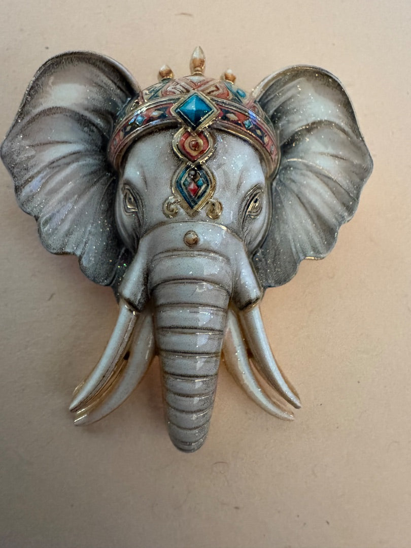 Grey elephant head & headdress brooch