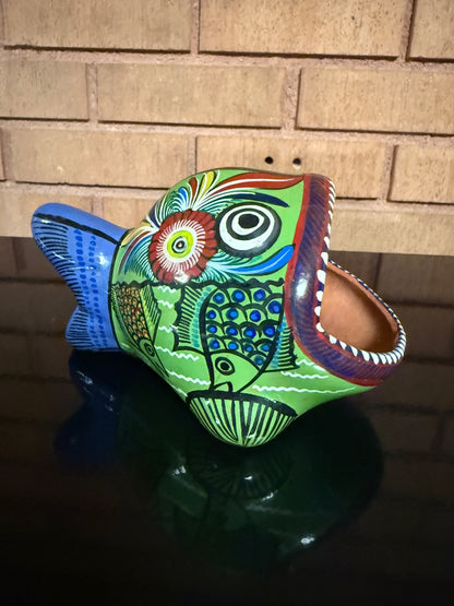 Multi  Mexican Pottery Fish, 6” wide, 3 1/2” tall