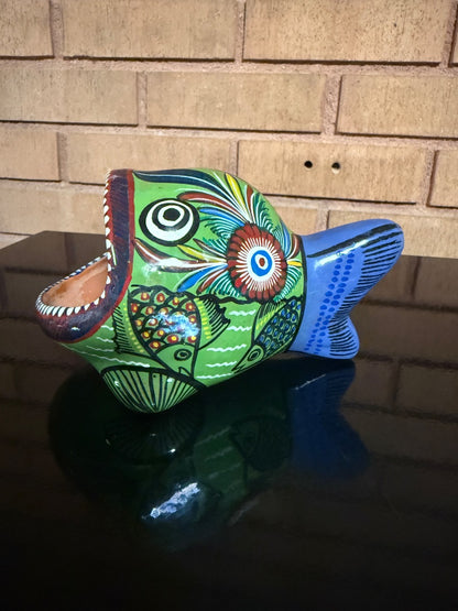 Multi  Mexican Pottery Fish, 6” wide, 3 1/2” tall