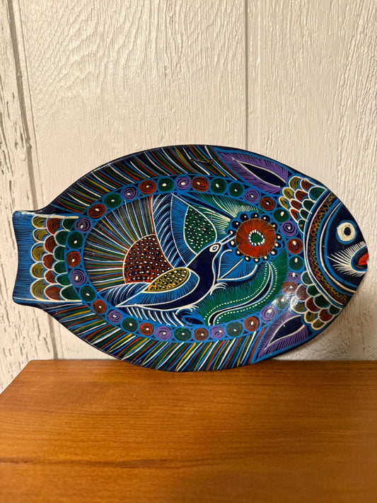 Multi  Mexican Pottery Fish Plate, 11” long, 11” tall