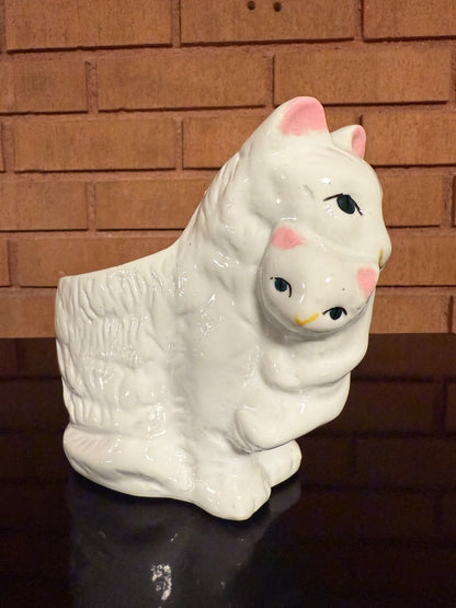 White  Cat with Kitten Planter, 6” tall, 6” wide