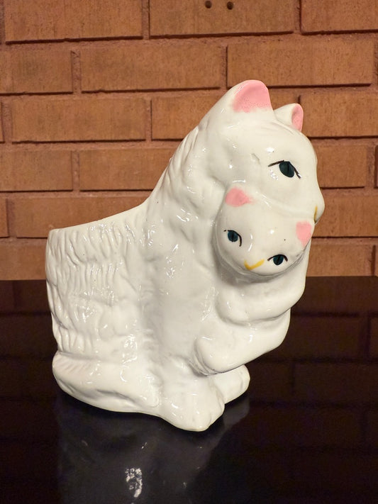 White  Cat with Kitten Planter, 6” tall, 6” wide