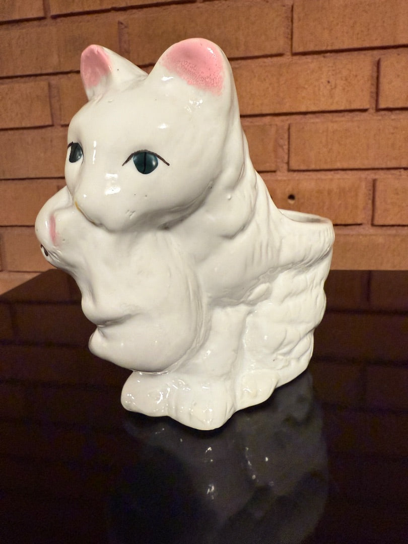 White  Cat with Kitten Planter, 6” tall, 6” wide