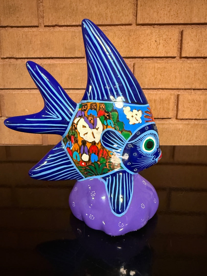 Multi  Colorful Mexican Pottery Angel Fish, 6 3:4” tall, 5 1/2” long