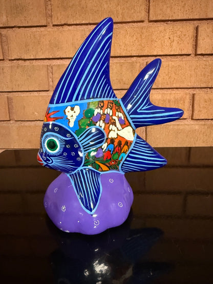 Multi  Colorful Mexican Pottery Angel Fish, 6 3:4” tall, 5 1/2” long