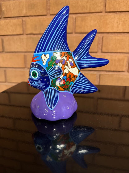 Multi  Colorful Mexican Pottery Angel Fish, 6 3:4” tall, 5 1/2” long