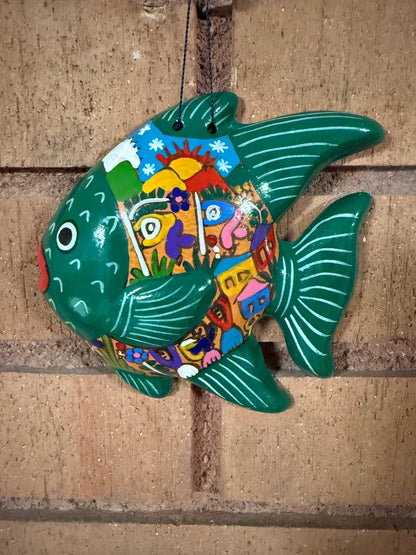 Multi  Mexican Pottery Hanging Fish, 5” tall, 5” across