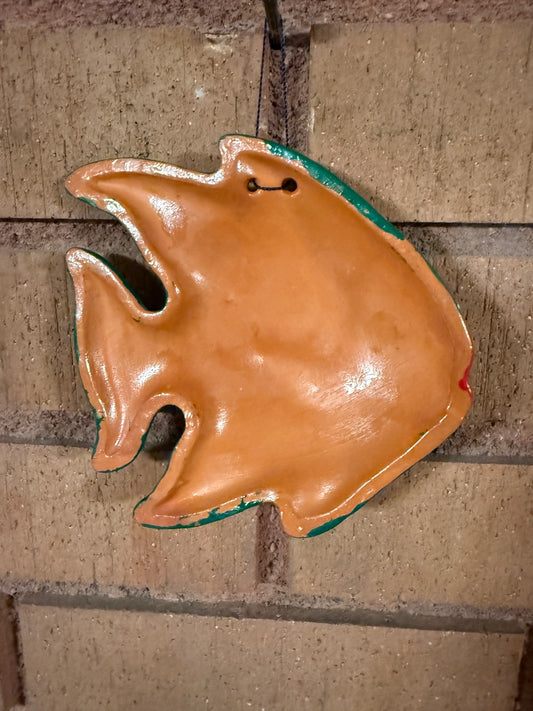 Multi  Mexican Pottery Hanging Fish, 5” tall, 5” across