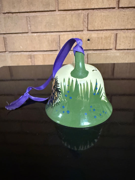 Cream MacBeth-Evans Ceramic Bell with Hedgehog, 3” tall, 3 1/2” wide