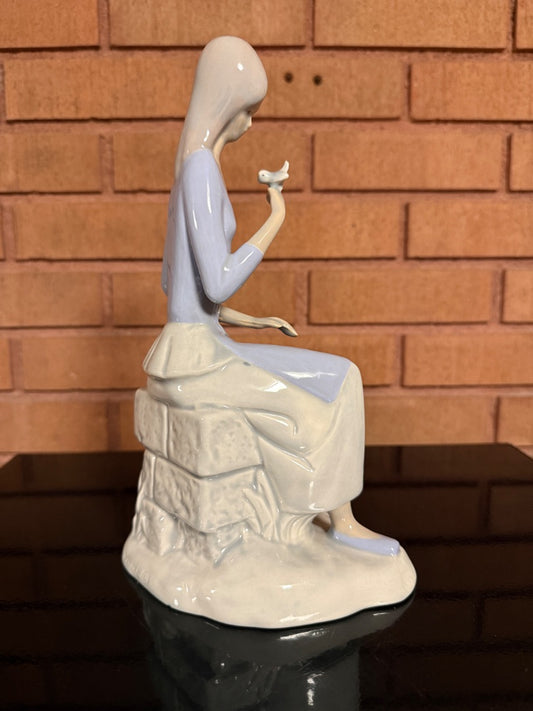 Blue and white Jullar Levante Jullar Levante Girl with Bird, 10” tall, 6” wide