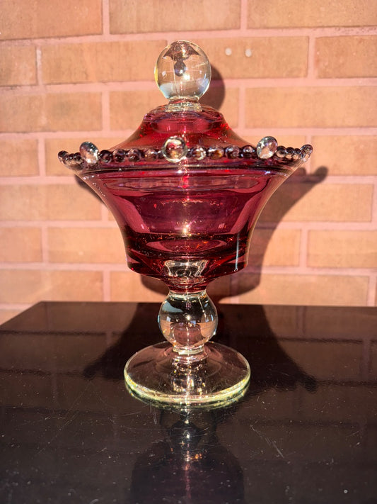 Cranberry  Glass Candy Dish, 9 1/2” tall