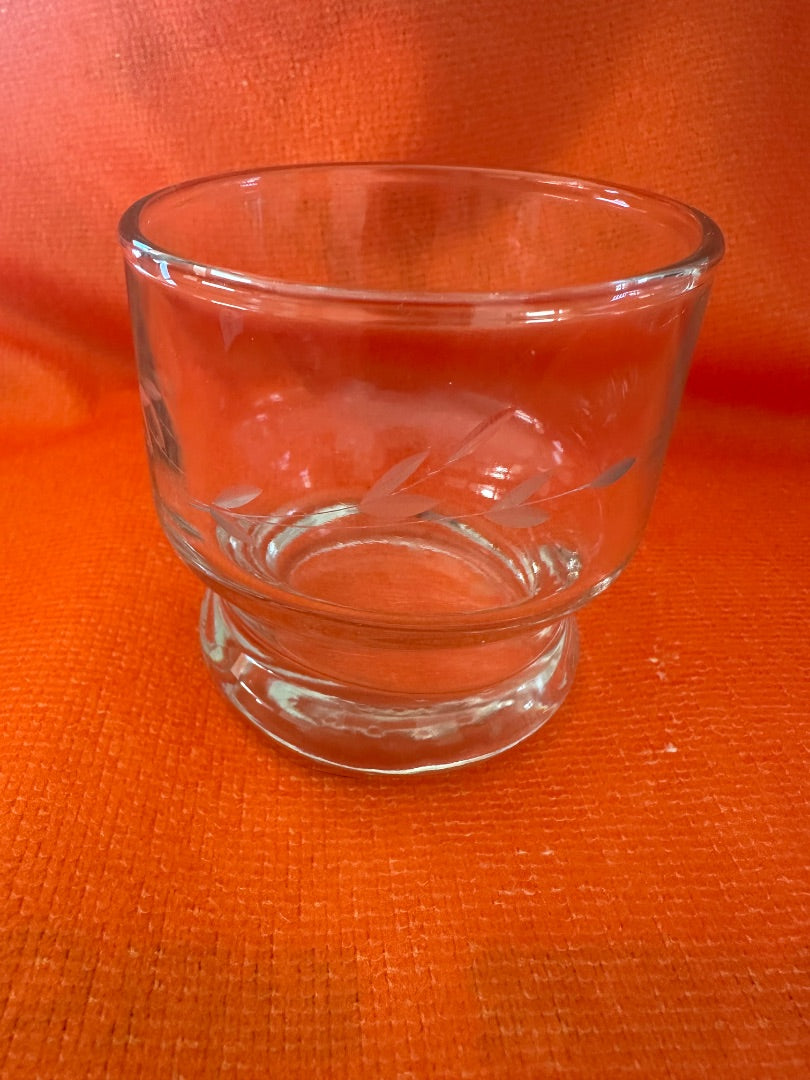 Vintage etched glass, leaf design, 2.75 in , 6 oz.