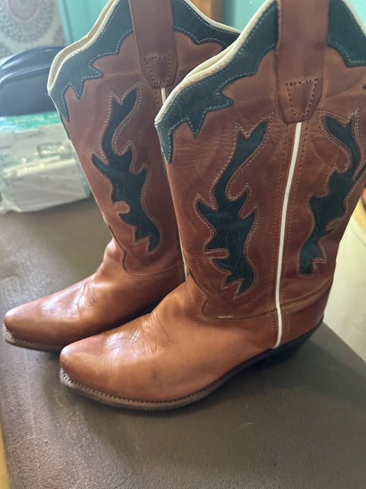 Brown/Denim Blue  Girls Leather Western Boots, 5