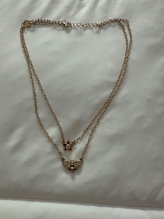 Gold bee and star double necklace