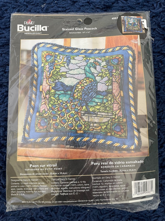 Vintage stained glass peacock needlepoint pattern