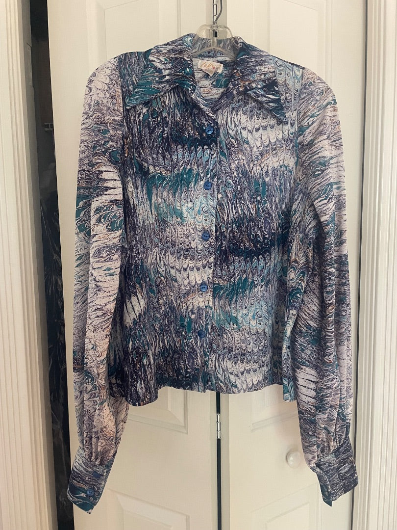 70s blue marbled disco shirt, L
