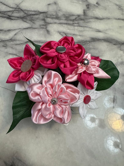 Light pink, hot pink and white  Upcycled hand made flower bouquets, 4 1/2" high X 7" wide