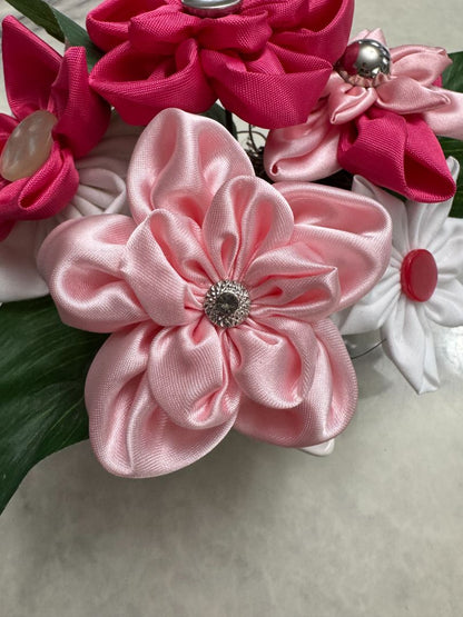 Light pink, hot pink and white  Upcycled hand made flower bouquets, 4 1/2" high X 7" wide