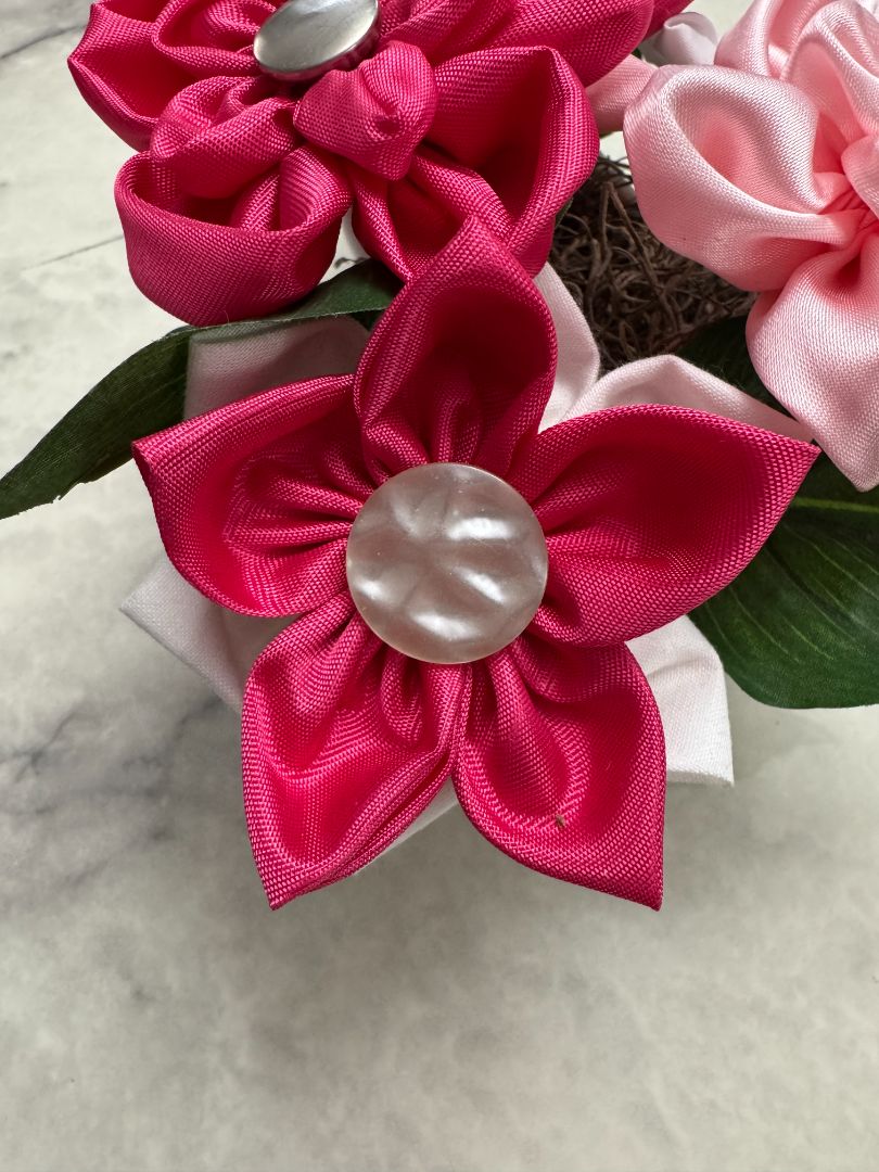 Light pink, hot pink and white  Upcycled hand made flower bouquets, 4 1/2" high X 7" wide