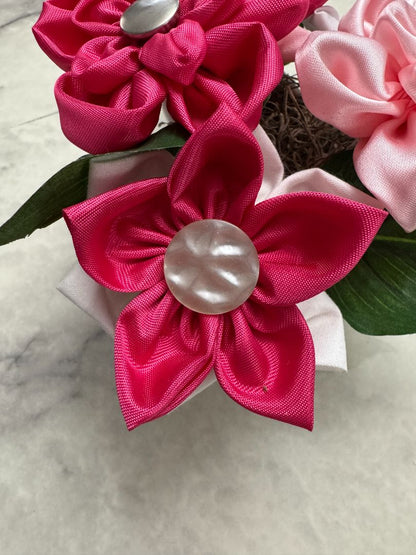 Light pink, hot pink and white  Upcycled hand made flower bouquets, 4 1/2" high X 7" wide
