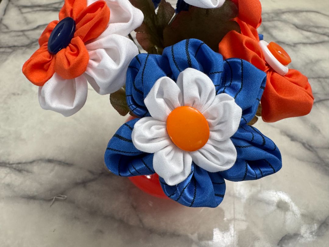 White, orange and blue  Upcycled hand made flower bouquets, 7 1/2" high x 7" wide