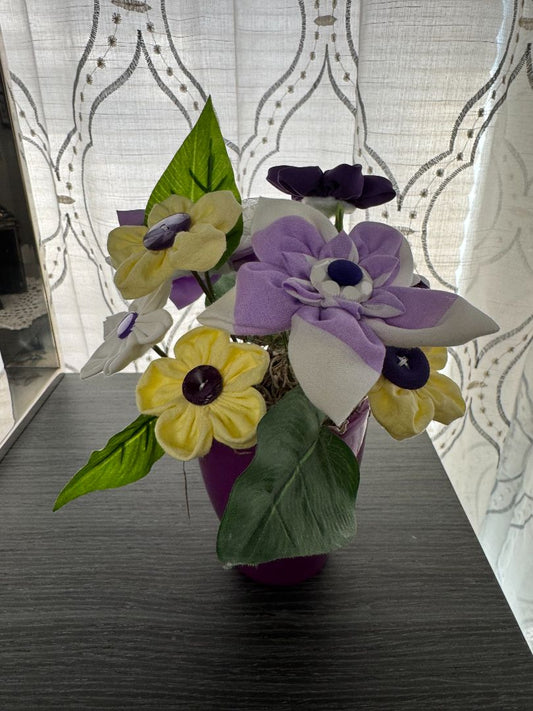 Purple, white and yellow  Hand made floral bouquet, 8" high x 7" wide