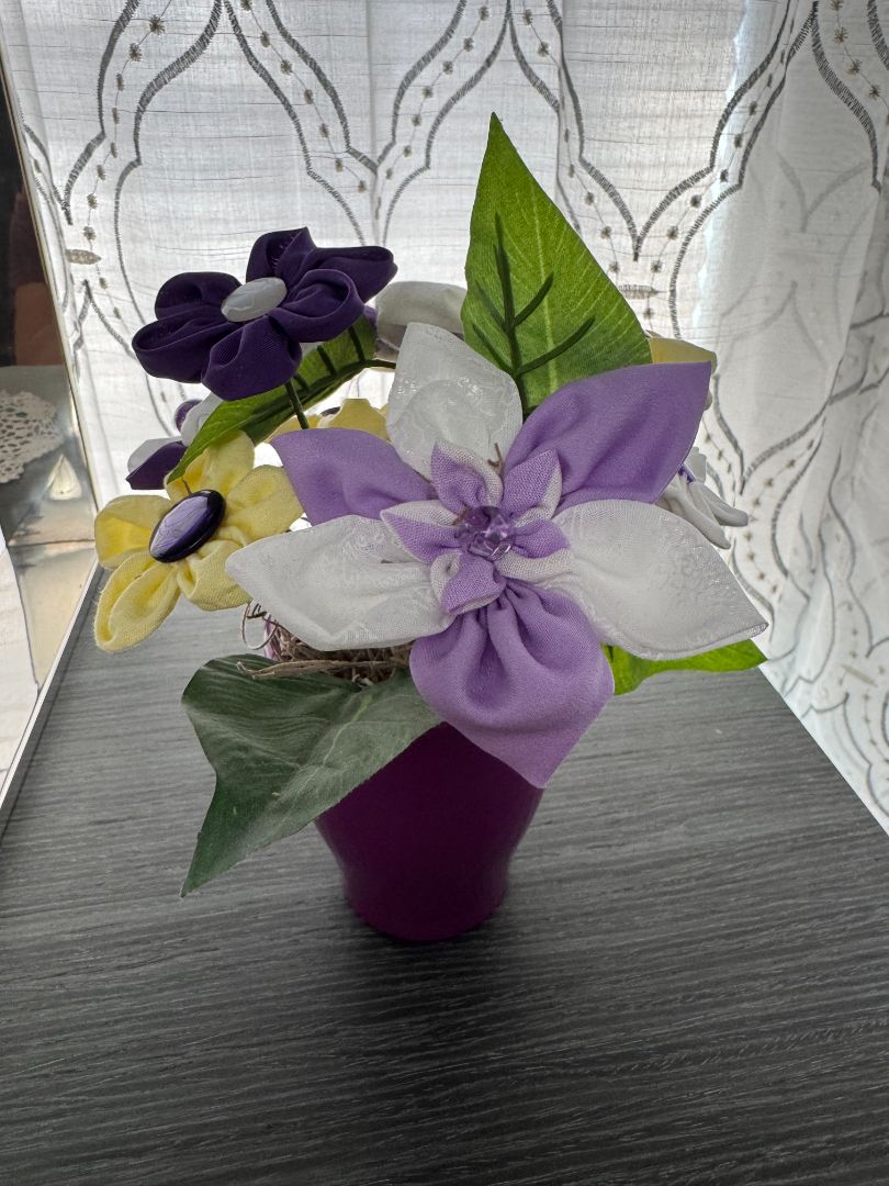 Purple, white and yellow  Hand made floral bouquet, 8" high x 7" wide