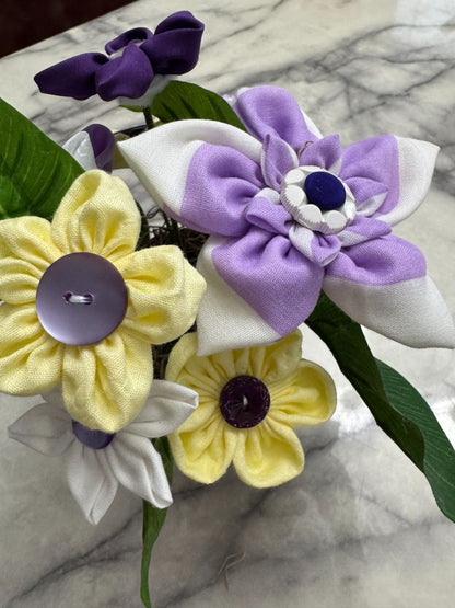 Purple, white and yellow  Hand made floral bouquet, 8" high x 7" wide