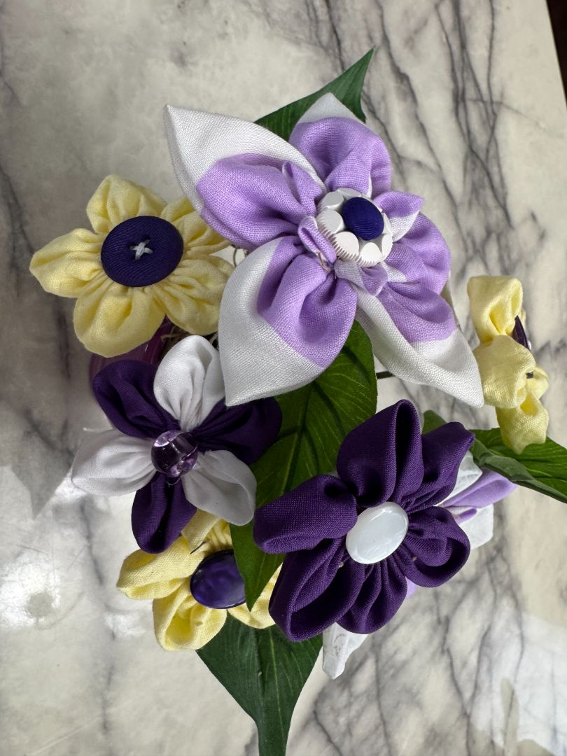 Purple, white and yellow  Hand made floral bouquet, 8" high x 7" wide