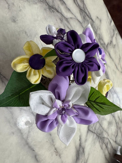 Purple, white and yellow  Hand made floral bouquet, 8" high x 7" wide