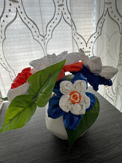 White, orange and blue  Hand made floral bouquet, 6 1/2" high x 7 1/2" wide