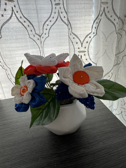 White, orange and blue  Hand made floral bouquet, 6 1/2" high x 7 1/2" wide