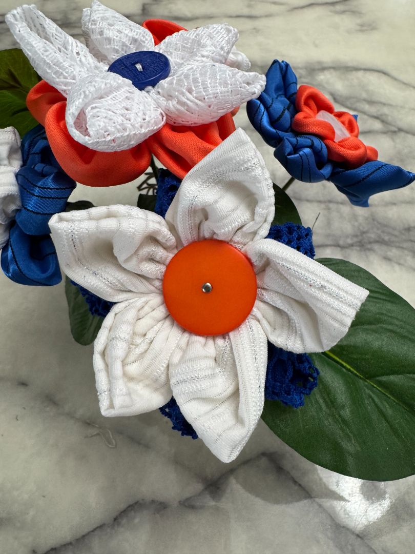 White, orange and blue  Hand made floral bouquet, 6 1/2" high x 7 1/2" wide