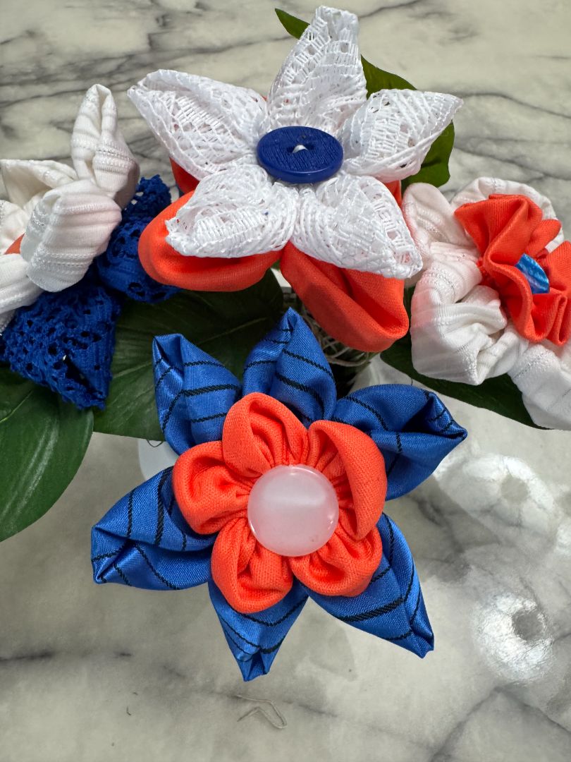 White, orange and blue  Hand made floral bouquet, 6 1/2" high x 7 1/2" wide