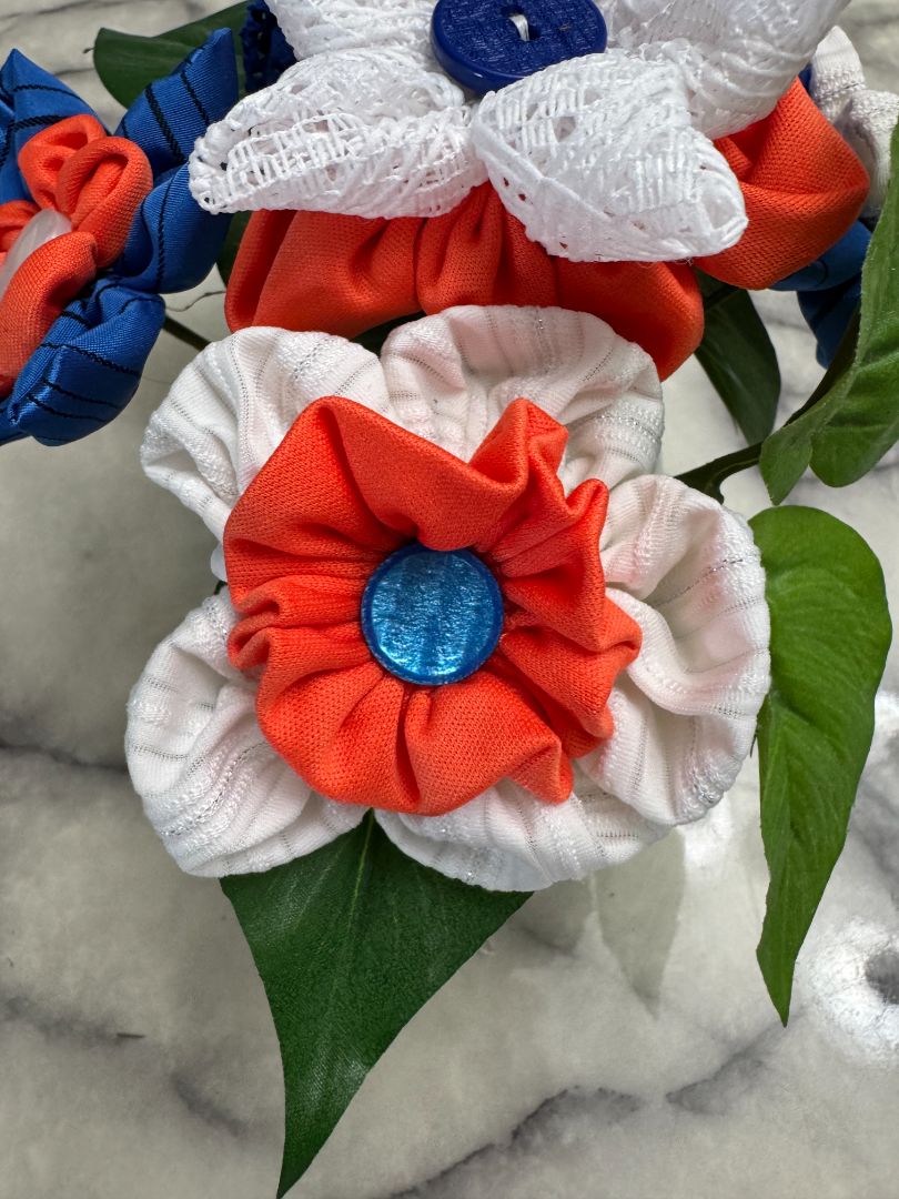White, orange and blue  Hand made floral bouquet, 6 1/2" high x 7 1/2" wide