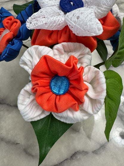 White, orange and blue  Hand made floral bouquet, 6 1/2" high x 7 1/2" wide