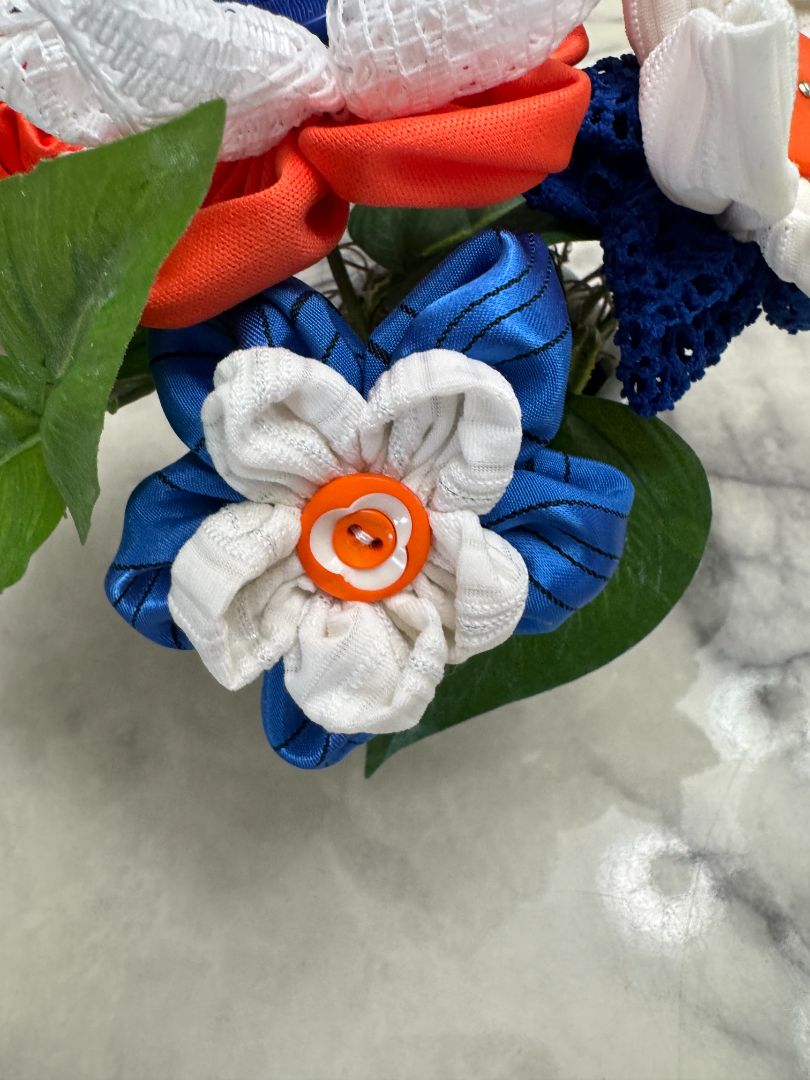 White, orange and blue  Hand made floral bouquet, 6 1/2" high x 7 1/2" wide