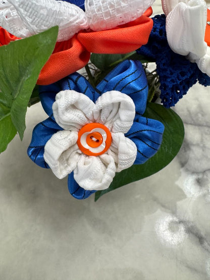 White, orange and blue  Hand made floral bouquet, 6 1/2" high x 7 1/2" wide