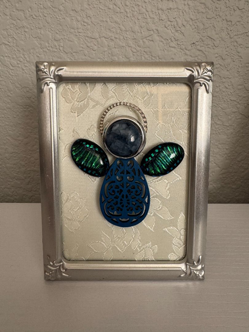 Silver, white, blue and green  Upcycled Guardian Angel, 5 1/4" high x 4" wide