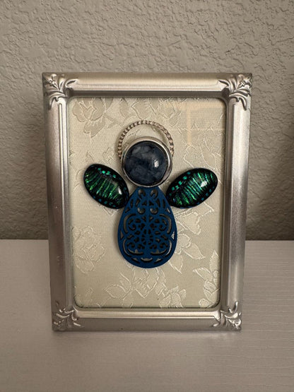 Silver, white, blue and green  Upcycled Guardian Angel, 5 1/4" high x 4" wide