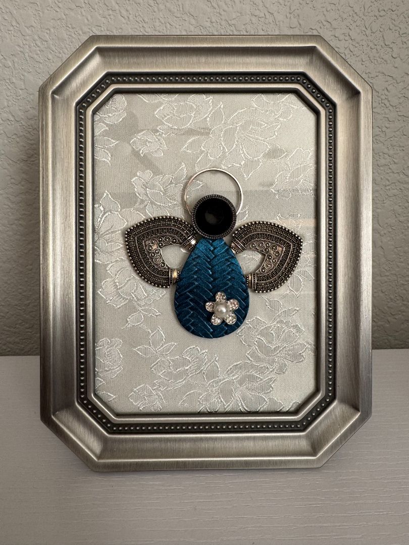 Silver, white, blue and black  Upcycled Guardian Angel, 8 1/2" high x 6 1/2" wide