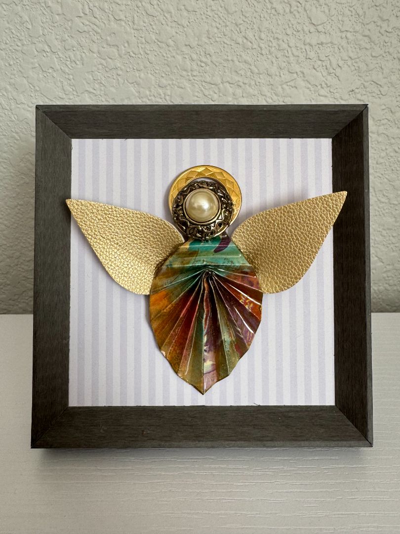Gray, purple, gold, green and maroon  Upcycled Guardian Angel, 5 1/2" high x 5 1/2" wide