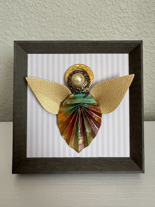 Gray, purple, gold, green and maroon  Upcycled Guardian Angel, 5 1/2" high x 5 1/2" wide
