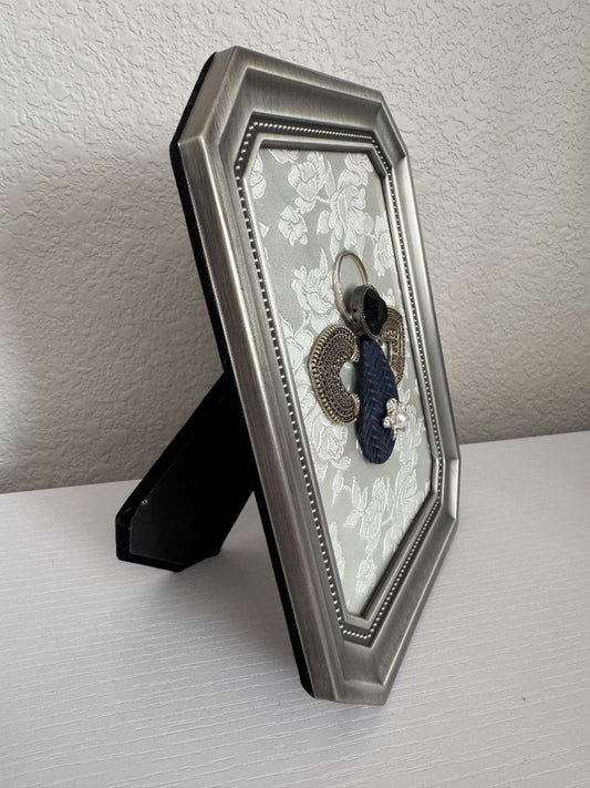 Silver, white, blue and black  Upcycled Guardian Angel, 8 1/2" high x 6 1/2" wide