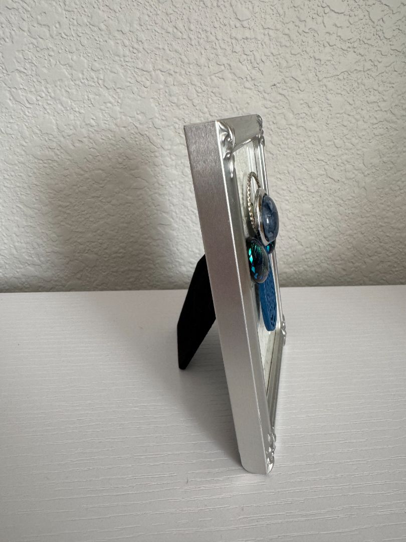 Silver, white, blue and green  Upcycled Guardian Angel, 5 1/4" high x 4" wide