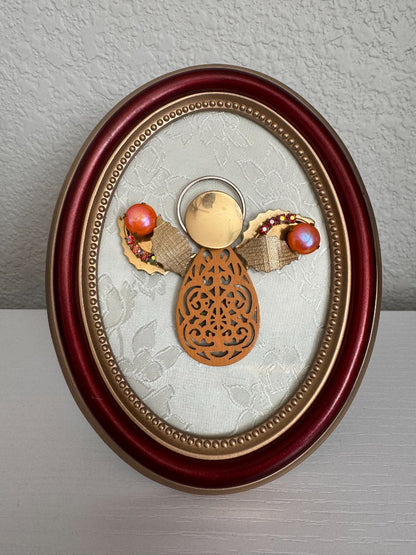 Maroon, coral, brown, gold and white  Upcycled Guardian Angel, 6" high x 4 3/4" wide