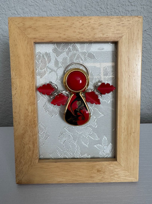 Red, white, gold, silver and blond wood  Guardian Angel, 6 1/2" high x 5" wide