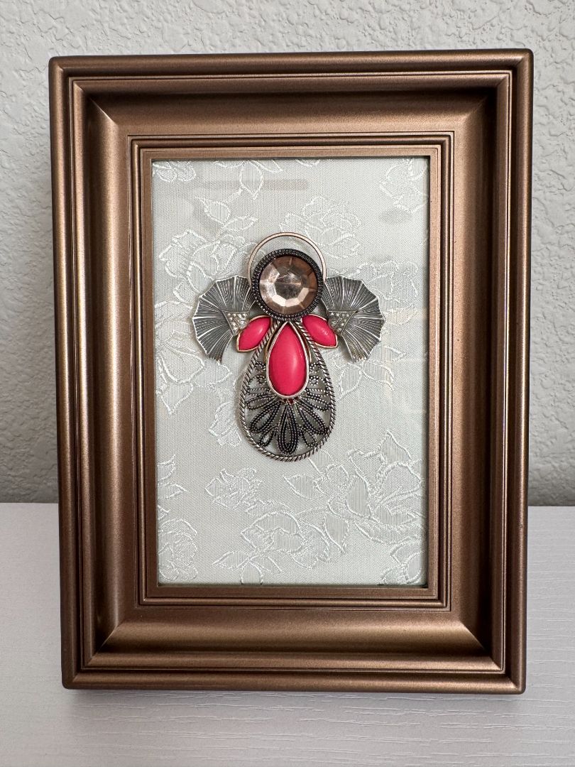 Silver, pink, white and brown  Upcycled Guardian Angel, 7 3/4" high x 5 3/4" wide