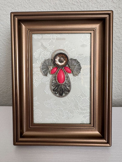 Silver, pink, white and brown  Upcycled Guardian Angel, 7 3/4" high x 5 3/4" wide
