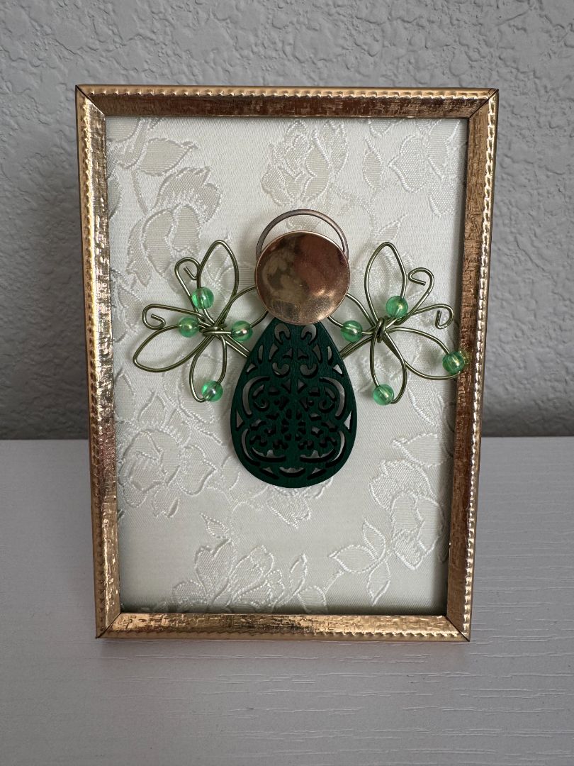 Green, white, silver and gold  Upcycled Guardian Angel, 5" high x 3 1/2" wide
